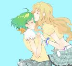  belt blonde_hair blush bug butterfly green_hair holding_hands insect kiss lipstick long_hair macross macross_frontier makeup multiple_girls necktie ranka_lee school_uniform sheryl_nome short_hair skirt smile tori_(driftwood) twintails 