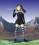  bare_shoulders black_hair bottle copyright_request detached_sleeves food lake long_hair looking_up mountain pocky sky solo striped striped_legwear thighhighs twintails yoneda_taishou zettai_ryouiki 