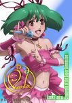  artist_request bare_shoulders brown_eyes character_name character_signature fang green_hair macross macross_frontier microphone midriff official_art ranka_lee short_hair signature solo twintails 