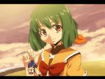  1girl cloud green_hair macross macross_frontier onija_tarou orange_eyes ranka_lee saotome_alto school_uniform 