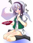  blue_eyes blush cup drunk hairband hitodama konpaku_youmu konpaku_youmu_(ghost) necktie necktie_on_head open_clothes open_shirt panties sakazuki shirt short_hair silver_hair solo squiggle touhou tsujigiri underwear 