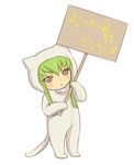  animal_costume animal_ears c.c. cat_costume cat_ears cat_tail code_geass green_hair holding holding_sign mizunomoto sign solo tail translated yellow_eyes younger 