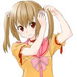  brown_hair choker copyright_request hair_tubes hairdressing red_eyes reki_(tiny_fin) ribbon school_uniform serafuku simple_background solo twintails upper_body 