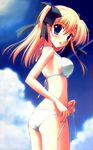  bikini blonde_hair blue_eyes blush breasts canvas_2 cloud day hair_ribbon housen_elis long_hair medium_breasts nanao_naru non-web_source ribbon side-tie_bikini sky solo swimsuit twintails tying white_bikini 