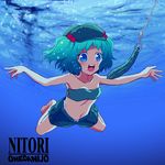  album_cover bandeau barefoot blue_eyes blue_hair character_name cover cucumber emu_(toran) flat_chest green_hair hair_bobbles hair_ornament hands hat kawashiro_nitori midriff navel nevermind nirvana_(band) parody short_hair shorts solo strapless touhou tubetop twintails two_side_up 