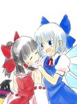  :d :o alternate_costume bangs blue_dress blue_eyes blue_hair blunt_bangs blush bow cirno detached_sleeves dress from_behind hair_bow hakurei_reimu ice ice_wings long_sleeves multiple_girls open_mouth panicking puffy_short_sleeves puffy_sleeves red_bow ribbon-trimmed_sleeves ribbon_trim short_sleeves simple_background smile touhou white_background wings yuuki_keisuke 