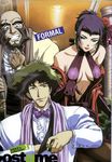  2boys alcohol artist_request bare_shoulders beard bow bowtie breasts casino cigar cigarette cowboy_bebop dress elbow_gloves facial_hair faye_valentine flower formal gloves jet_black liquor medium_breasts multiple_boys plunging_neckline poker purple_hair rose scan scarf spike_spiegel suit wine 