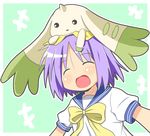  :3 closed_eyes crossover digimon digimon_tamers hiiragi_tsukasa lucky_star minami_(colorful_palette) purple_hair ryouou_school_uniform school_uniform serafuku short_hair solo terriermon yellow_neckwear 