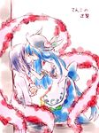  blue_hair hat hinanawi_tenshi holding_hands kiss multiple_girls myama nagae_iku purple_hair touhou yuri 