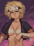  blonde_hair blue_eyes budget_sarashi fumio_(rsqkr) genderswap genderswap_(mtf) headband impossible_clothes jacket konohagakure_symbol naruko naruto naruto_(series) open_clothes open_jacket sarashi short_hair solo 