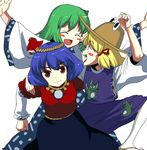  bad_id bad_pixiv_id blonde_hair blue_hair blush body_mahattaya_ginga green_hair hair_ornament happy hat hug kochiya_sanae leaf_hair_ornament moriya_suwako multiple_girls red_eyes smile symbol-shaped_pupils touhou yasaka_kanako 