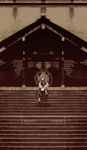  monochrome sepia shrine sitting sitting_on_stairs solo stairs touhou yasaka_kanako yoshioka_yoshiko 