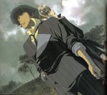  1girl artist_request blonde_hair cigarette coat cowboy_bebop graveyard julia_(cowboy_bebop) necktie rain smoking spike_spiegel tree wet 