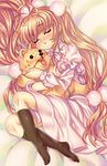  blood brown_hair closed_eyes hair_bobbles hair_ornament kink kneehighs kodomo_no_jikan kokonoe_rin long_hair lying nosebleed sleeping socks solo stuffed_animal stuffed_toy teddy_bear twintails 