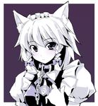  animal_ears blush braid chain collar dog_ears izayoi_sakuya kemonomimi_mode leash lowres monochrome purple ribbon solo touhou touya_(the-moon) 