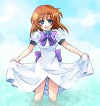  blue_eyes bow cloud day dress hazuki_megumi higurashi_no_naku_koro_ni laughing orange_hair outdoors ryuuguu_rena short_hair skirt_hold sky solo standing turtleneck water 