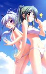  :o :p assisted_exposure bikini bikini_pull brown_eyes canvas_2 cloud day eyewear_removed fujinami_tomoko green_hair hair_ornament hairclip highres kurashima_tomoyasu multiple_girls open_mouth ponytail pulled_by_another purple_eyes purple_hair sky sunglasses swimsuit takeuchi_mami tears tongue tongue_out untied untied_bikini 