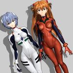  3d ayanami_rei bangs blue_eyes blue_hair bodysuit bracer breasts dutch_angle gloves grey_background hair_between_eyes hair_ornament hips long_hair looking_at_viewer multiple_girls neon_genesis_evangelion number orange_hair pale_skin pilot_suit plugsuit red_eyes shadow short_hair simple_background skin_tight skinny small_breasts souryuu_asuka_langley standing thigh_gap turtleneck two_side_up white_bodysuit 