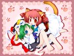  :3 animal_ears aoi_mitsuru barefoot biting blue_eyes cat_ears cat_tail chibi ear_biting green_hair hair_bobbles hair_ornament hat kemonomimi_mode multiple_girls one_eye_closed onozuka_komachi orange_eyes paw_print red_hair ribbon shiki_eiki short_hair tail touhou wince 