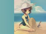  artist_request beach brown_eyes cloud day hat highres nagato_yuki ocean one-piece_swimsuit sand_castle sand_sculpture school_swimsuit short_hair silver_hair sky solo suzumiya_haruhi_no_yuuutsu swimsuit trowel wallpaper 