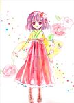  boots cross-laced_footwear floral_print flower hair_flower hair_ornament hieda_no_akyuu japanese_clothes lace-up_boots long_skirt purple_eyes purple_hair short_hair skirt smile solo standing torii_sumi touhou traditional_media watercolor_(medium) 