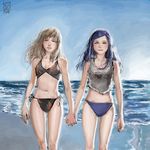  beach bikini day fujino_shizuru holding_hands ikeda_(cpt) kuga_natsuki multiple_girls my-hime oekaki realistic side-tie_bikini swimsuit 