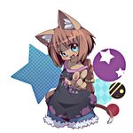  anthro aqua_eyes blouse blue_eyes blush bow_tie breasts brown_fur brown_hair canine circles dog female fur hair legless mammal no_legs omunikin open_mouth patterns paws plain_background short_pants small_breasts smiley_face stars whiskers white_background 