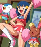  1girl blue_eyes blue_hair buneary cheerleader cheerleader_outfit hikari_(pokemon) lowres panties piplup pokemoa pokemon pokemon_(anime) soara underwear 