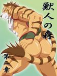  anthro beastmen_forest belt biceps big_muscles body_markings bottomless bracelet brown_fur butt clothed clothing fangs feline fur half-dressed japanese_text jewelry kemono looking_at_viewer male mammal markings mooning muscles nipples nude orange_fur pecs pose solo standing stripes text tiger topless unknown_artist white_fur yukinodeku 