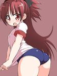  :o ass blush buruma fang gym_uniform long_hair looking_back mahou_shoujo_madoka_magica naitou_kouse open_mouth panties panties_under_buruma red_eyes red_hair sakura_kyouko shirt_pull solo underwear white_panties 