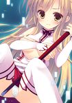  asuna_(sao) blush breasts brown_eyes brown_hair covering covering_breasts holding izumiyuhina long_hair looking_at_viewer medium_breasts panties solo sword_art_online tears thighhighs torn_clothes underwear white_legwear white_panties 
