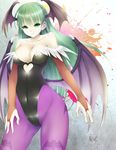  animal_print aogu bare_shoulders bat_print bat_wings breasts bridal_gauntlets cleavage demon_girl green_eyes green_hair head_wings large_breasts leotard long_hair morrigan_aensland pantyhose print_legwear purple_wings smile solo succubus vampire_(game) wings 