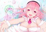  :d bad_id bad_pixiv_id breasts cleavage dress frills headphones highres large_breasts nitroplus open_mouth outstretched_arms pink_eyes pink_hair smile solo super_sonico upper_body yamada_ranga 