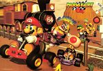  90s banana_peel bowser cactus car crash desert facial_hair gloves hat luigi mario mario_(series) mario_kart mario_kart_64 motor_vehicle mustache official_art open_mouth overalls racing railroad_crossing smile super_mario_bros. toad toad_(mario) train vehicle wario 