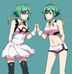  alternate_costume aquarion_(series) aquarion_evol bad_id bad_pixiv_id bare_shoulders black_legwear blush breasts chirugekiai cleavage_cutout dual_persona green_hair hair_ornament hair_ribbon large_breasts looking_at_viewer midriff multiple_girls navel no_panties open_mouth purple_eyes revealing_clothes ribbon short_hair short_shorts shorts skirt skirt_lift standing thighhighs underwear wrist_cuffs wristband zessica_wong 