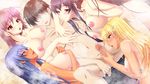  1boy 4girls bath black_hair blonde_hair blue_eyes blue_hair blush breasts brown_hair censored dark_skin game_cg girl_sandwich gokkun_athlete!_kyonyuu_medalist_no_oshaburi_kyouka_gasshuku hair_ornament hairclip handjob harem hug kaoru_route large_breasts long_hair mieri_route miku_route mixed_bathing multiple_girls navel nipples nude open_mouth penis pimp pink_eyes purple_hair red_eyes rena_route sandwiched short_hair sitting smile steam sweat tan tanline 