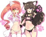  2girls ;d animal_ear_fluff animal_ears aqua_eyes bangs bell bell_choker big_hair black_choker blunt_bangs blush_stickers breasts cat_ears cat_feet cat_girl cat_lingerie cat_paws choker cleavage cleavage_cutout commentary curly_hair drop_shadow fang gluteal_fold head_tilt jingle_bell kurosu_aroma looking_at_viewer medium_breasts meme_attire multiple_girls navel one_eye_closed open_mouth orange_hair paw_print paws pretty_(series) pripara reaching_out shiratama_mikan simple_background smile thigh_gap thighhighs v-shaped_eyebrows white_background white_choker white_legwear yellow_eyes 
