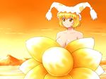  blonde_hair breasts cleavage collarbone covering covering_breasts fox_tail hat large_breasts mountain multiple_tails nude red_sky shirosato short_hair sky solo sunset tail touhou yakumo_ran yellow_eyes 