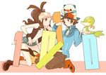  1girl bare_legs baseball_cap boots brown_hair denim denim_shorts eye_contact gen_5_pokemon grey_eyes hagiko hat high_ponytail jacket kneeling long_hair looking_at_another oshawott pokemon pokemon_(creature) pokemon_(game) pokemon_bw shirt short_hair shorts smile snivy tepig touko_(pokemon) touya_(pokemon) vest wristband 