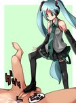  1girl aqua_hair boots censored crotch_stomping cum detached_sleeves ejaculation green_eyes hatsune_miku headset hetero highres irodori_(irotoridori) long_hair necktie penis petite shoejob skirt stomping thigh_boots thighhighs twintails very_long_hair vocaloid 