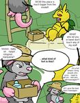  comic english_text fur grey_fur hat male mammal marsupial opossum red_eyes reptile scalie text turtle yellow_body 