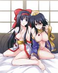  ainu_clothes areola_slip areolae bare_shoulders barefoot bow breasts c.r. cleavage collarbone d: dark_persona dual_persona groin hair_bow hat highres holding_hands jewelry large_breasts long_hair medium_breasts multiple_girls naked_shirt nakoruru navel necklace no_panties off_shoulder open_clothes open_mouth pendant red_bow rera samurai_spirits scarf shirt smile take_your_pick very_long_hair 
