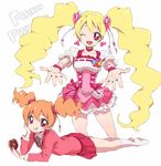  :q ;d blonde_hair bow choker copyright_name cure_peach doughnut dual_persona food fresh_precure! hair_ornament heart heart_hair_ornament long_hair looking_at_viewer lying magical_girl momozono_love multiple_girls one_eye_closed open_mouth owarine_miku pink_bow pink_choker pink_eyes precure school_uniform simple_background skirt smile tongue tongue_out twintails white_background 
