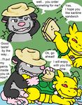  eating english_text food fur gay grey_fur guil_bunny hat male mammal marsupial opossum penis red_eyes reptile sandwich sandwich_(food) scalie text turtle yellow_body 