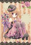  bad_id bad_pixiv_id bare_shoulders black_legwear blush bouquet brown_hair collarbone detached_sleeves flower hat hat_ribbon holding kouta. long_hair original pantyhose pink_eyes ribbon smile solo texture 