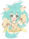 animal_ears animal_print bad_id bad_pixiv_id blush cat_ears cham_cham character_name collarbone fang gloves green_eyes green_hair highres long_hair open_mouth paw_gloves paws samurai_spirits simple_background sketch snk solo take_shinobu tiger_print white_background 