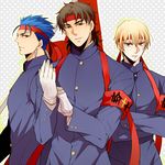  armband blonde_hair blue_hair brown_eyes brown_hair earrings fate/stay_night fate_(series) gakuran gilgamesh gloves hachimaki headband jewelry kotomine_kirei lancer male_focus multiple_boys pinki_(shounenkakuseiya) ponytail red_eyes school_uniform 