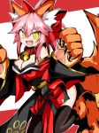  1girl absurdres animal_ear_fluff animal_ears bakunyuu_gorilla bell bell_collar black_legwear blush breasts cat_paws cleavage collar fangs fate/grand_order fate_(series) fox_ears fox_tail gloves hair_ribbon highres jingle_bell large_breasts long_hair paw_gloves paw_shoes paws pink_hair ponytail red_ribbon ribbon shoes solo tail tamamo_(fate)_(all) tamamo_cat_(fate) thighhighs yellow_eyes 