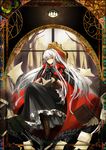  absurdres bad_id bad_pixiv_id book boots border bow bracelet chair cloak colored_eyelashes dress fingerless_gloves gloves hairband high_heels highres hood hood_down jewelry lantern long_hair looking_at_viewer miruto_netsuki original reading red_eyes shoes sidelocks silver_hair solo tree window 