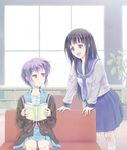  black_hair book cardigan chitanda_eru company_connection couch crossover furuhiro hyouka kita_high_school_uniform kyoto_animation long_hair md5_mismatch multiple_girls nagato_yuki purple_eyes purple_hair school_uniform serafuku suzumiya_haruhi_no_yuuutsu window 